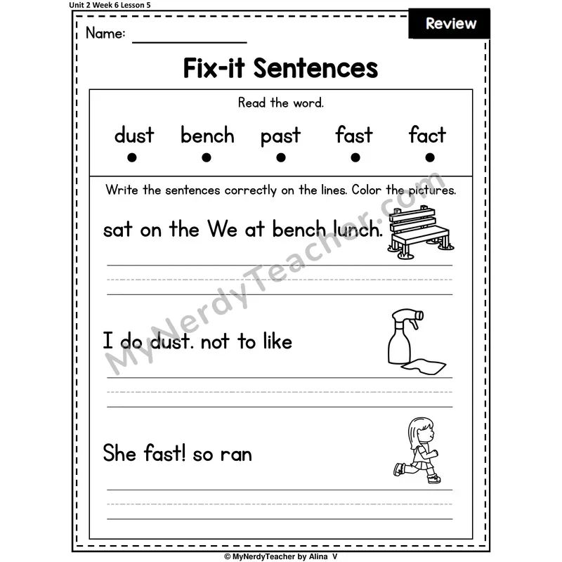Week 6 Review Fix-It Sentences Worksheet — -Mp, -St, -Nd, -Sk, -Ft, -Sp, -Nch, -Nt, -Ct, -Lk, -Lt, -Ld Mixed Practice (Set 1 of 1)