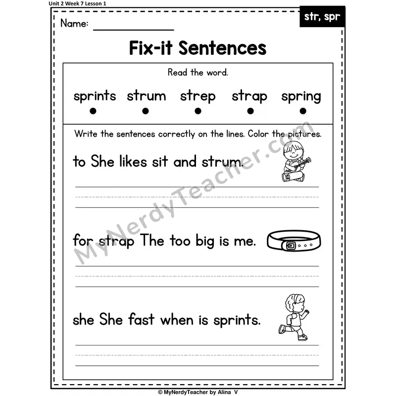 STR, SPR, SCR Fix-It Sentences Worksheet — Str, Spr, Scr 3-Letter Blends Sentence Editing