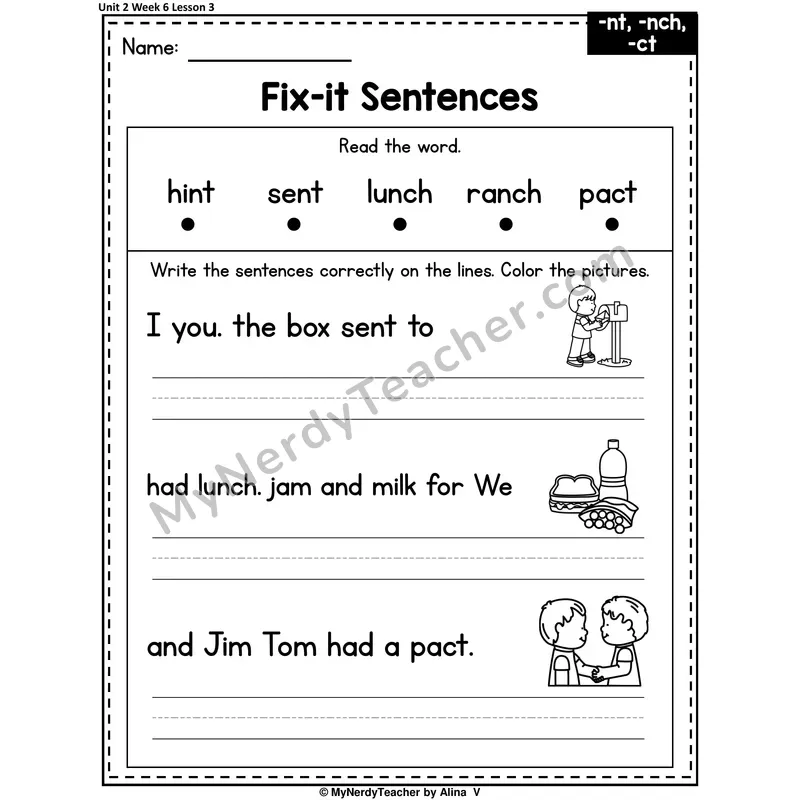 -NCH, -NT, -CT Fix-It Sentences Worksheet — Nch, Nt, Ct Ending Blends And Digraphs Sentence Editing