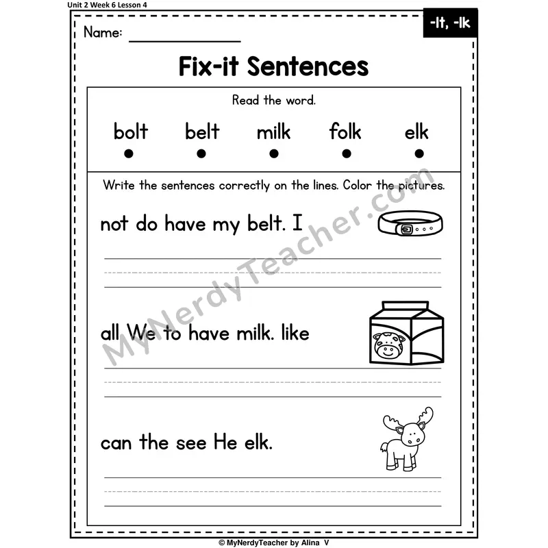 -LK, -LT, -LD Fix-It Sentences Worksheet — Lk, Lt, Ld Ending Blends Sentence Editing