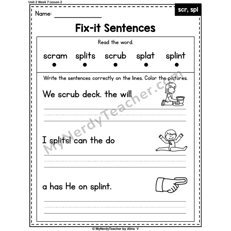 SCR, SPL, SPR Fix-It Sentences Worksheet — Scr, Spl, Spr 3-Letter Blends Sentence Editing