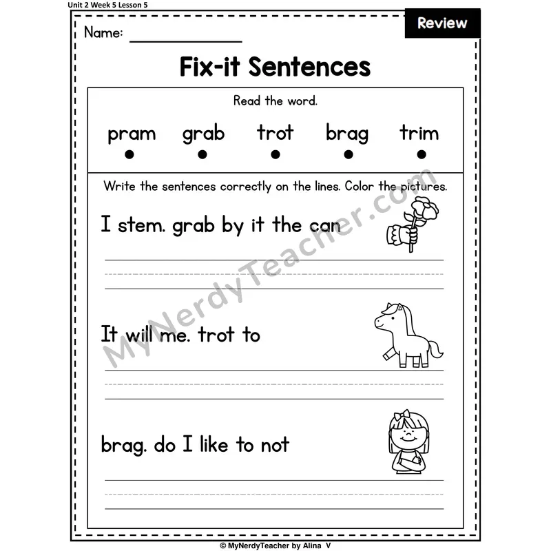 Week 5 Review Fix-It Sentences Worksheet — Br, Cr, Dr, Fr, Gr, Pr, Tr, Shr, Thr Mixed Practice (Set 2 of 2)