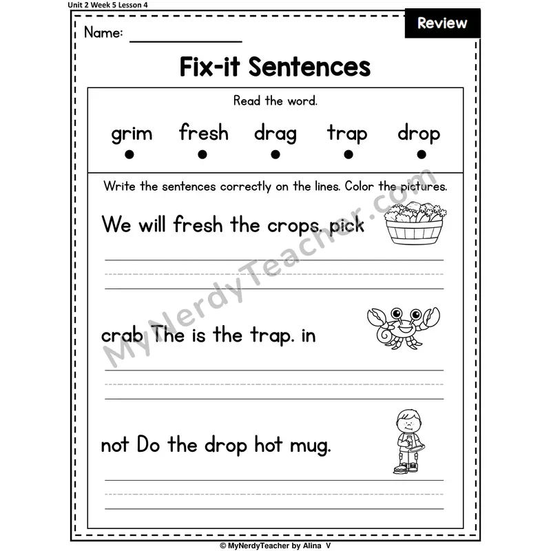 Week 5 Review Fix-It Sentences Worksheet — Br, Cr, Dr, Fr, Gr, Pr, Tr, Shr, Thr Mixed Practice (Set 1 of 2)