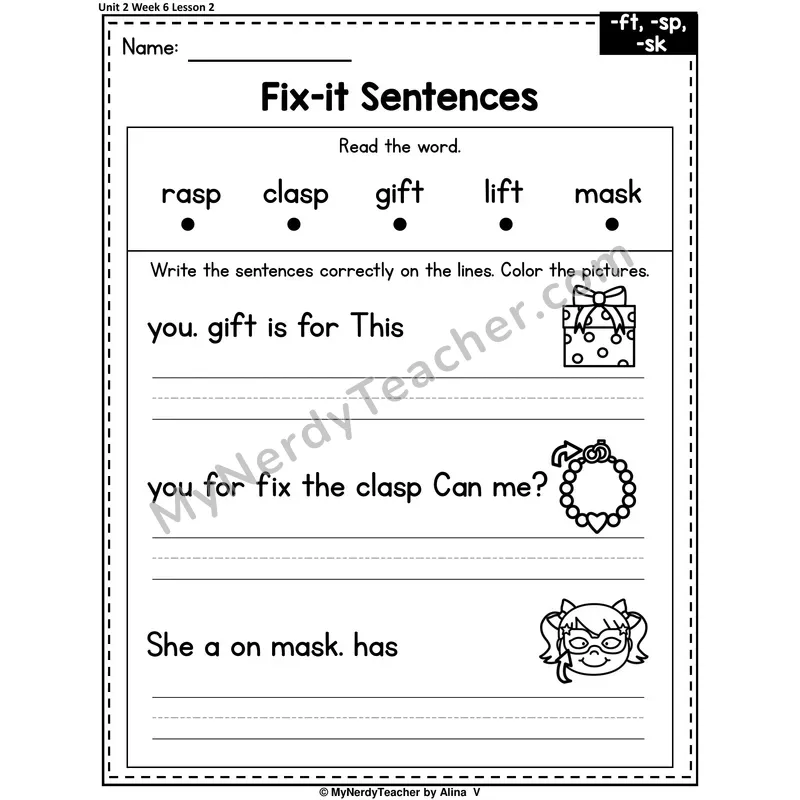 -SK, -FT, -SP Fix-It Sentences Worksheet — Sk, Ft, Sp Ending Blends Sentence Editing