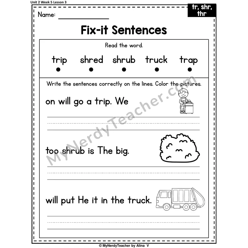 TR, SHR, THR Fix-It Sentences Worksheet — Tr, Shr, Thr Blends And Digraphs Sentence Editing