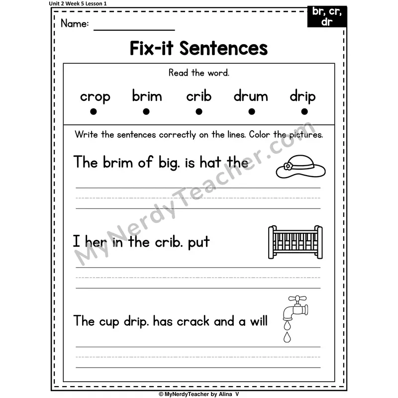 BR, CR, DR Fix-It Sentences Worksheet — Br, Cr, Dr R-Blends Sentence Editing