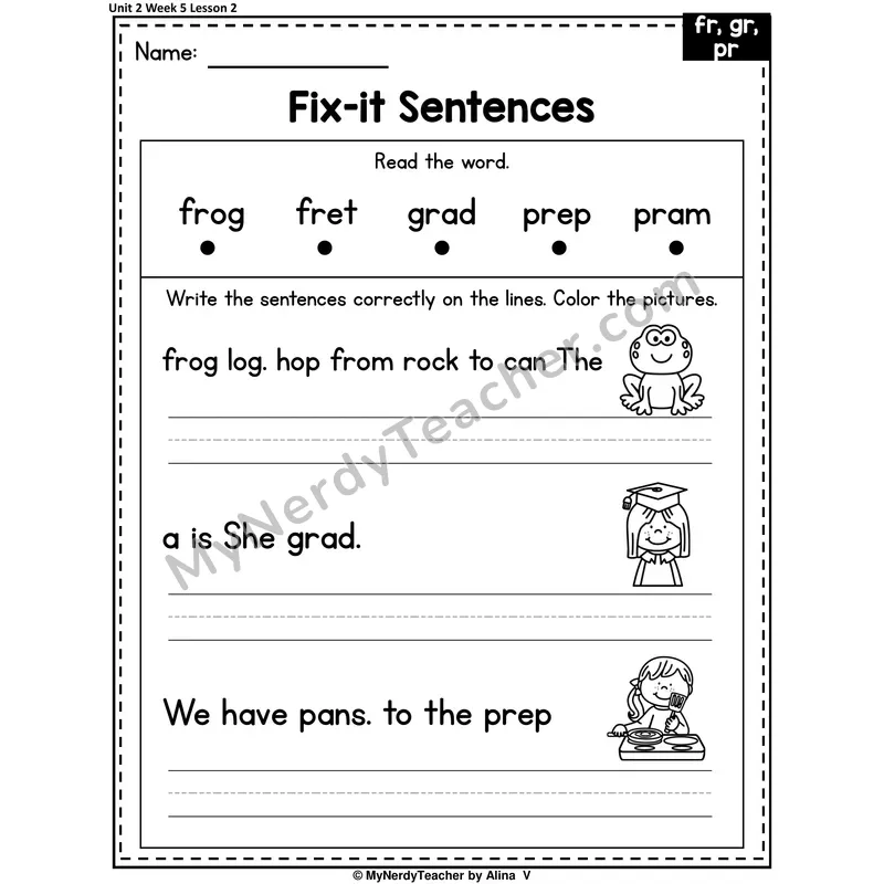 FR, GR, PR Fix-It Sentences Worksheet — Fr, Gr, Pr R-Blends Sentence Editing