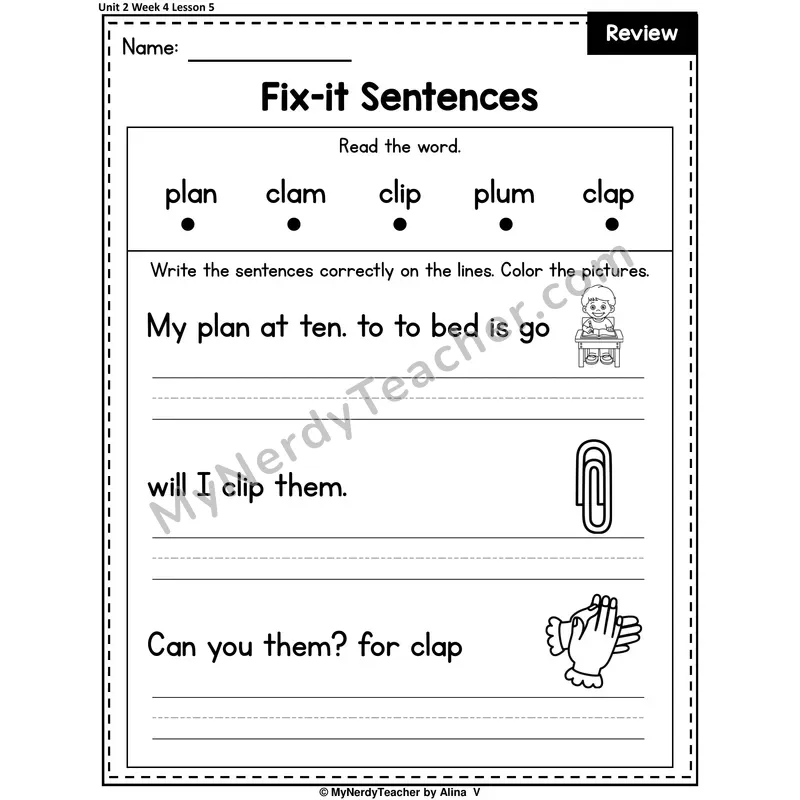 Week 4 Review Fix-It Sentences Worksheet — Bl, Cl, Fl, Gl, Pl Mixed Practice (Set 2 of 2)