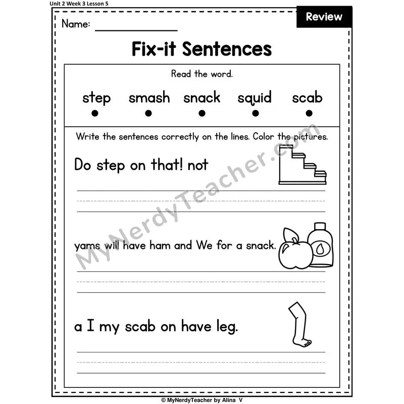 Week 3 Review Fix-It Sentences Worksheet — Sp, St, Sn, Sl, Sk, Sw, Sc, Sm, Squ Mixed Practice (Set 2 of 2)