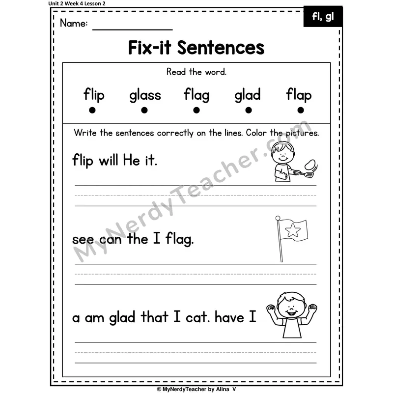 FL, GL Fix-It Sentences Worksheet — Fl, Gl L-Blends Sentence Editing