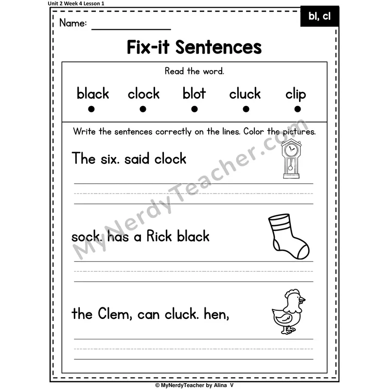 BL, CL Fix-It Sentences Worksheet — Bl, Cl L-Blends Sentence Editing