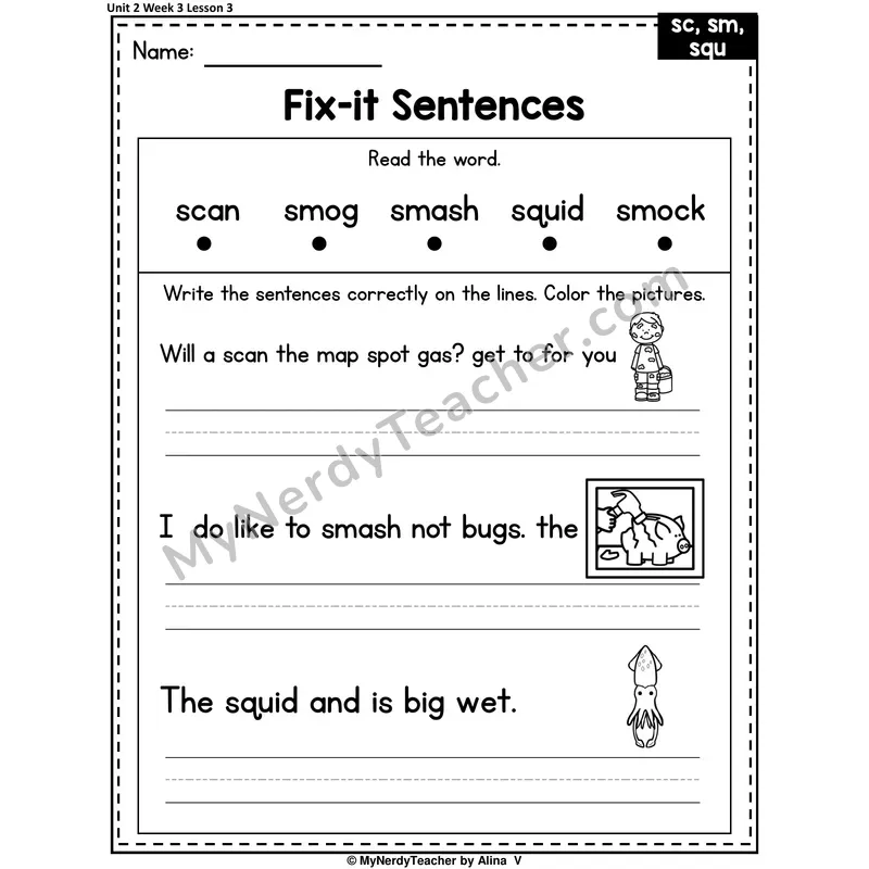 SC, SM, SQU Fix-It Sentences Worksheet — Sc, Sm, Squ S-Blends Sentence Editing