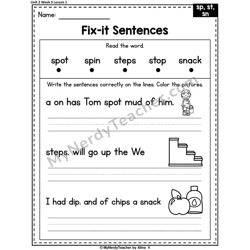 SP, ST, SN Fix-It Sentences Worksheet — Sp, St, Sn S-Blends Sentence Editing