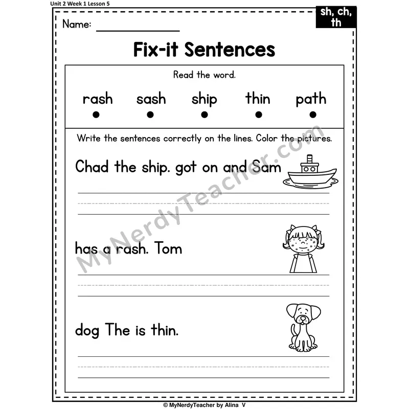 Week 1 Review Fix-It Sentences Worksheet — Sh, Ch, -Th Unvoiced Mixed Practice (Set 2 of 2)