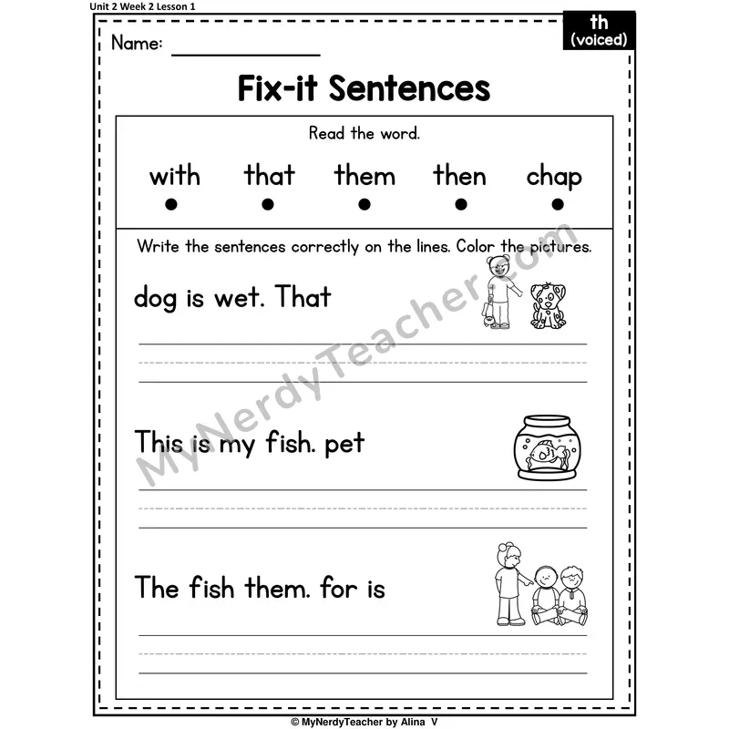 TH- VOICED Fix-It Sentences Worksheet — Voiced Th Digraph Sentence Editing