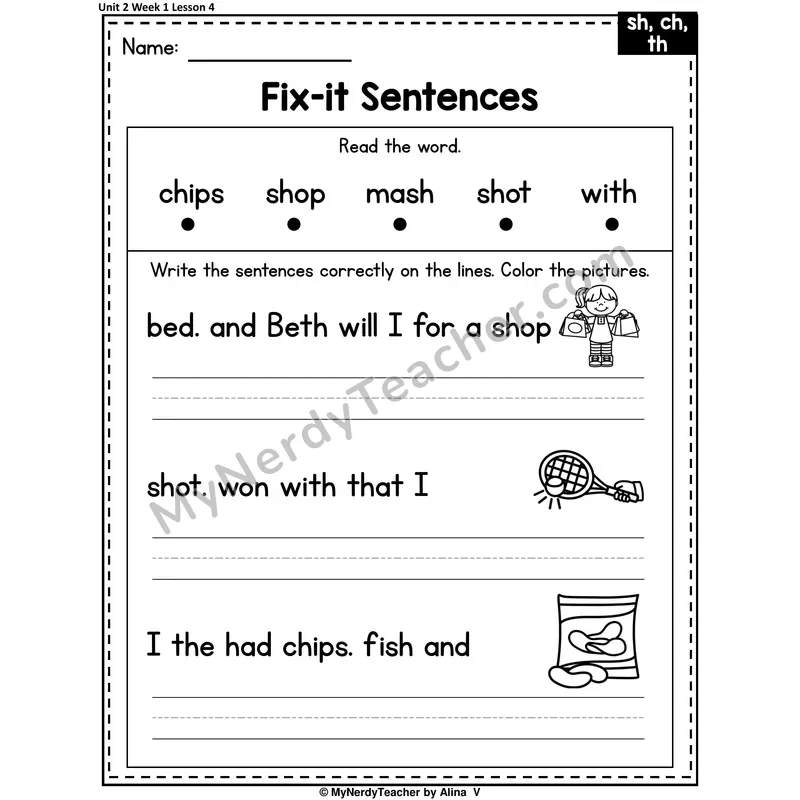 Week 1 Review Fix-It Sentences Worksheet — Sh, Ch, -Th Unvoiced Mixed Practice (Set 1 of 2)