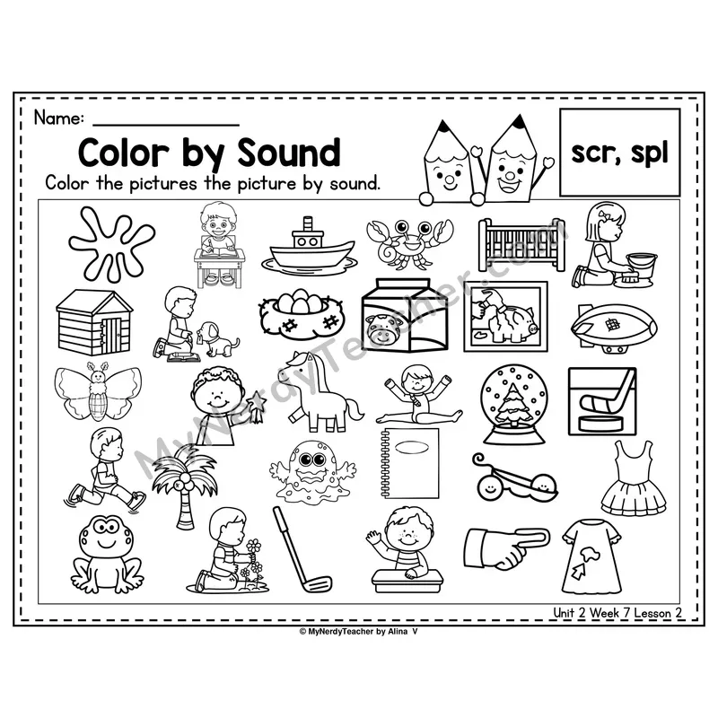 SCR, SPL, SPR Color by Sound Worksheet — Scr, Spl, Spr 3-Letter Blends Picture Hunt