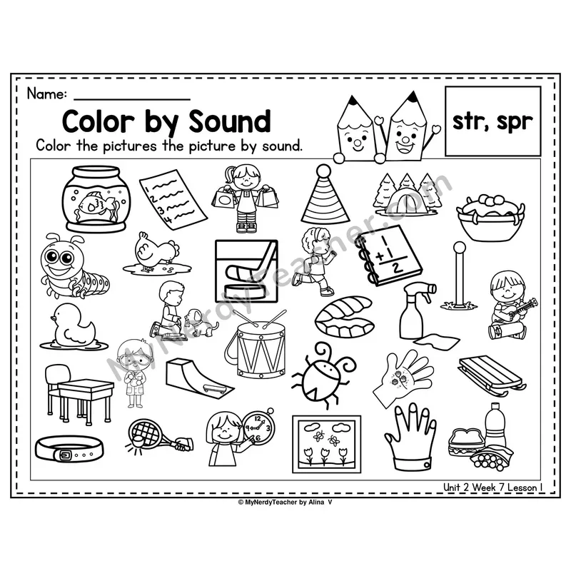 STR, SPR, SCR Color by Sound Worksheet — Str, Spr, Scr 3-Letter Blends Picture Hunt