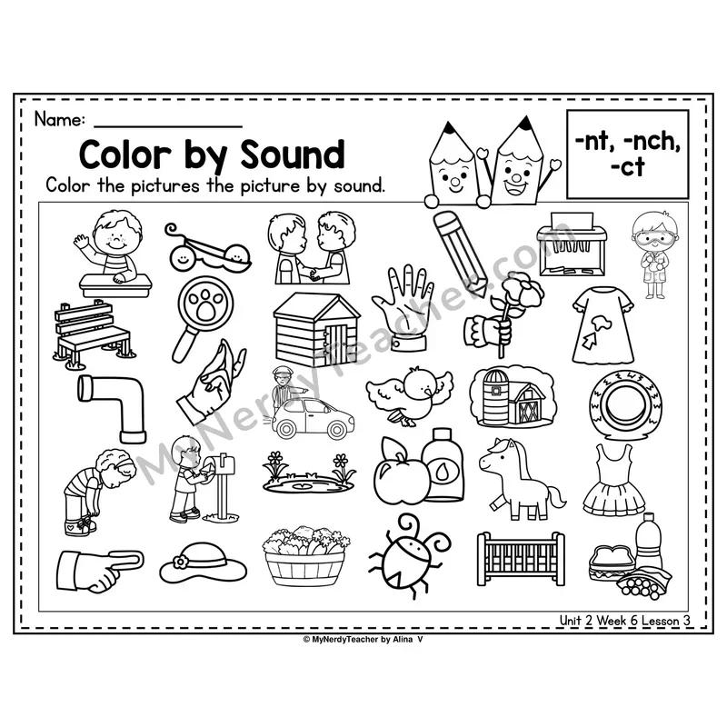 -NCH, -NT, -CT Color by Sound Worksheet — Nch, Nt, Ct Ending Blends And Digraphs Picture Hunt