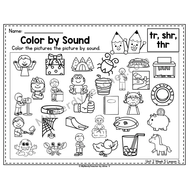 TR, SHR, THR Color by Sound Worksheet — Tr, Shr, Thr Blends And Digraphs Picture Hunt