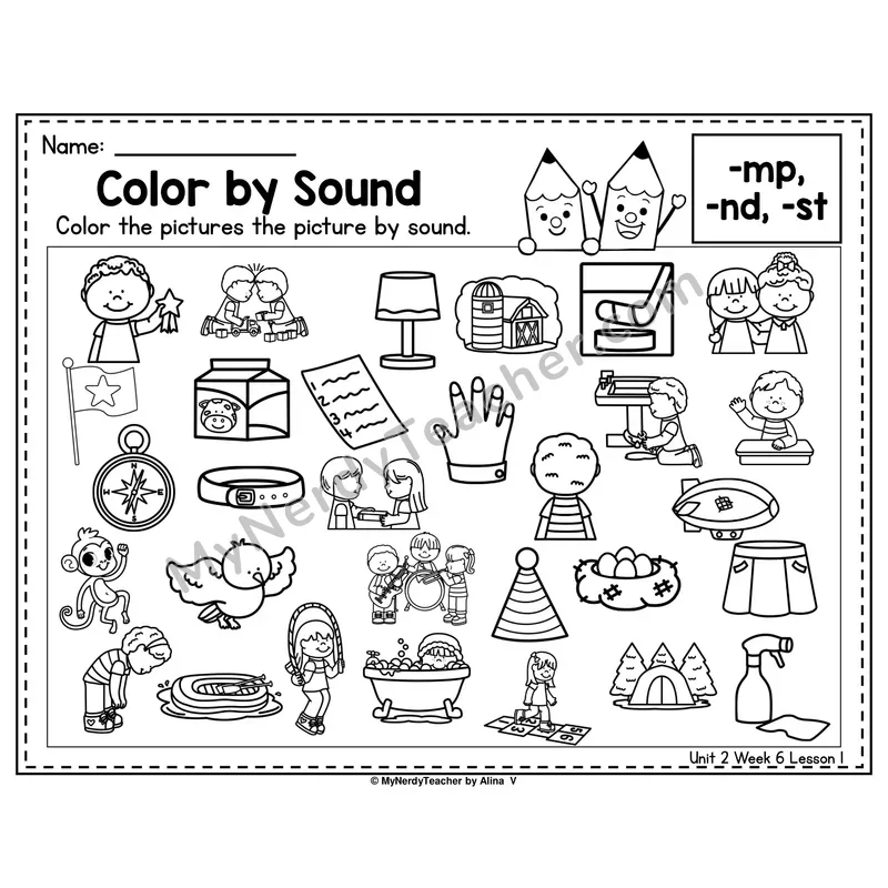 -MP, -ST, -ND Color by Sound Worksheet — Mp, St, Nd Ending Blends Picture Hunt