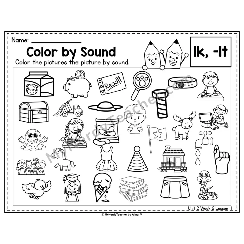 -LK, -LT, -LD Color by Sound Worksheet — Lk, Lt, Ld Ending Blends Picture Hunt