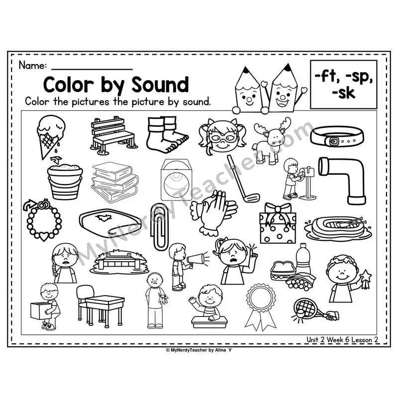 -SK, -FT, -SP Color by Sound Worksheet — Sk, Ft, Sp Ending Blends Picture Hunt