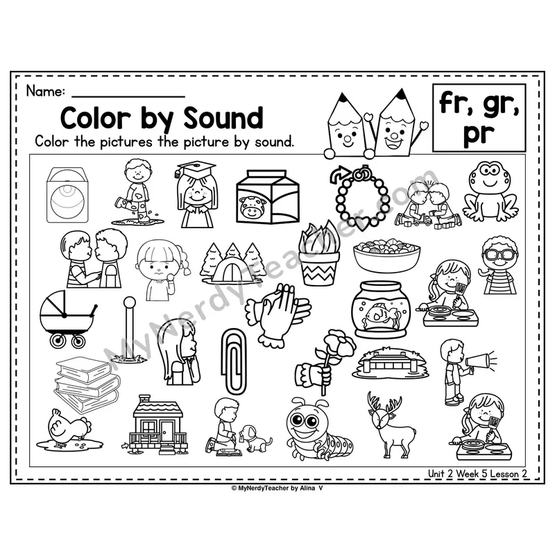 FR, GR, PR Color by Sound Worksheet — Fr, Gr, Pr R-Blends Picture Hunt