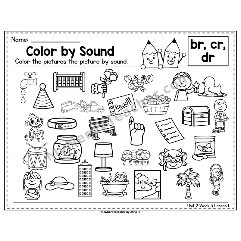 BR, CR, DR Color by Sound Worksheet — Br, Cr, Dr R-Blends Picture Hunt