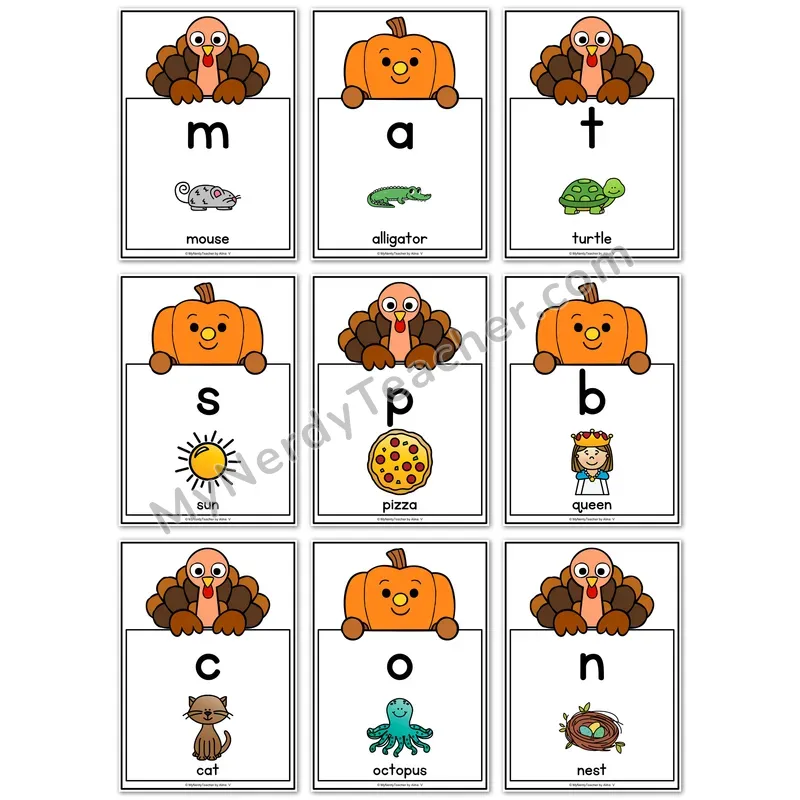 Visual Drill Cards — Thanksgiving Set 2 Phonics Sound Cards