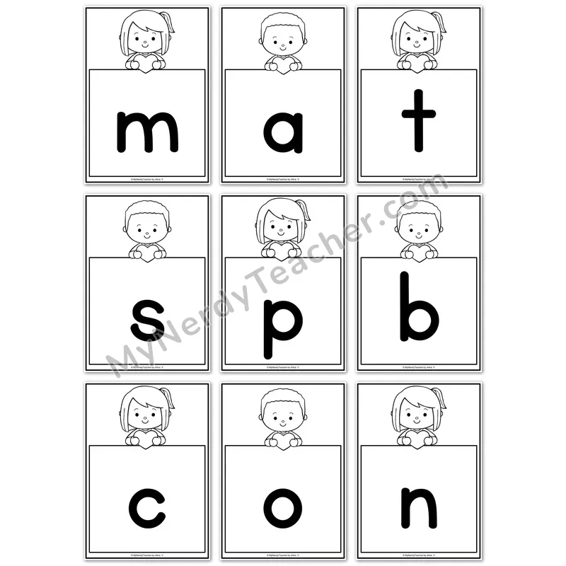 Visual Drill Cards — VDay Set 1 Black and White Phonics Sound Cards