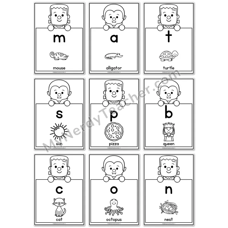 Visual Drill Cards — Thanksgiving Set 2 Black and White Phonics Sound Cards