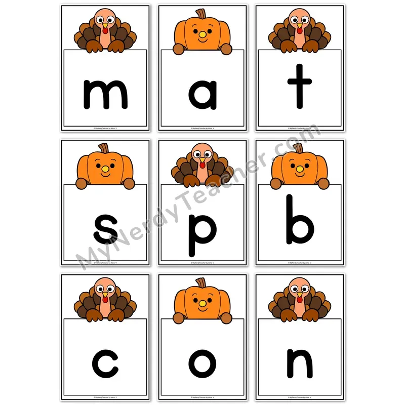 Visual Drill Cards — Thanksgiving Set 1 Phonics Sound Cards
