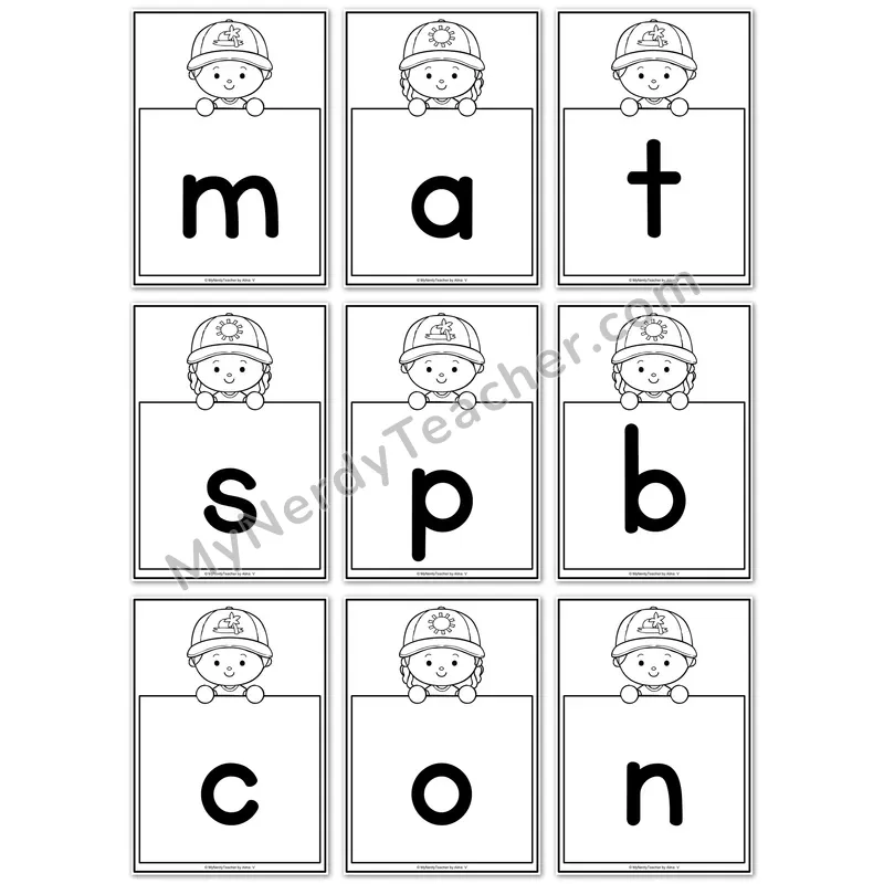 Visual Drill Cards — Summer Set 1 Black and White Phonics Sound Cards