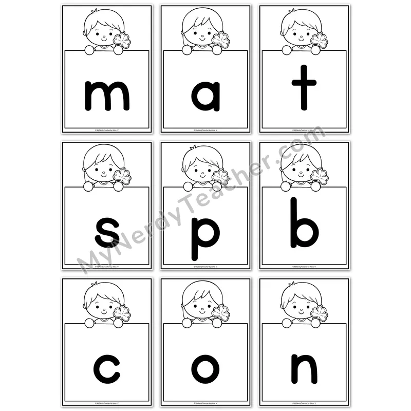 Visual Drill Cards — St Patricks Day Black and White Phonics Sound Cards