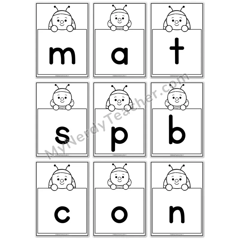 Visual Drill Cards — Spring Set 1 Black and White Phonics Sound Cards