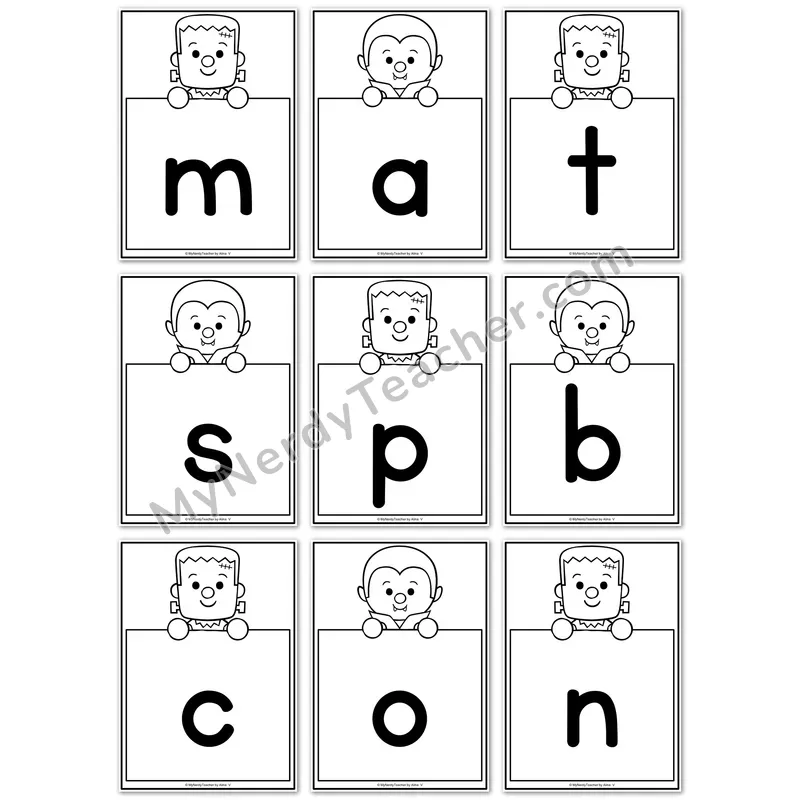 Visual Drill Cards — Halloween Set 1 Black and White Phonics Sound Cards