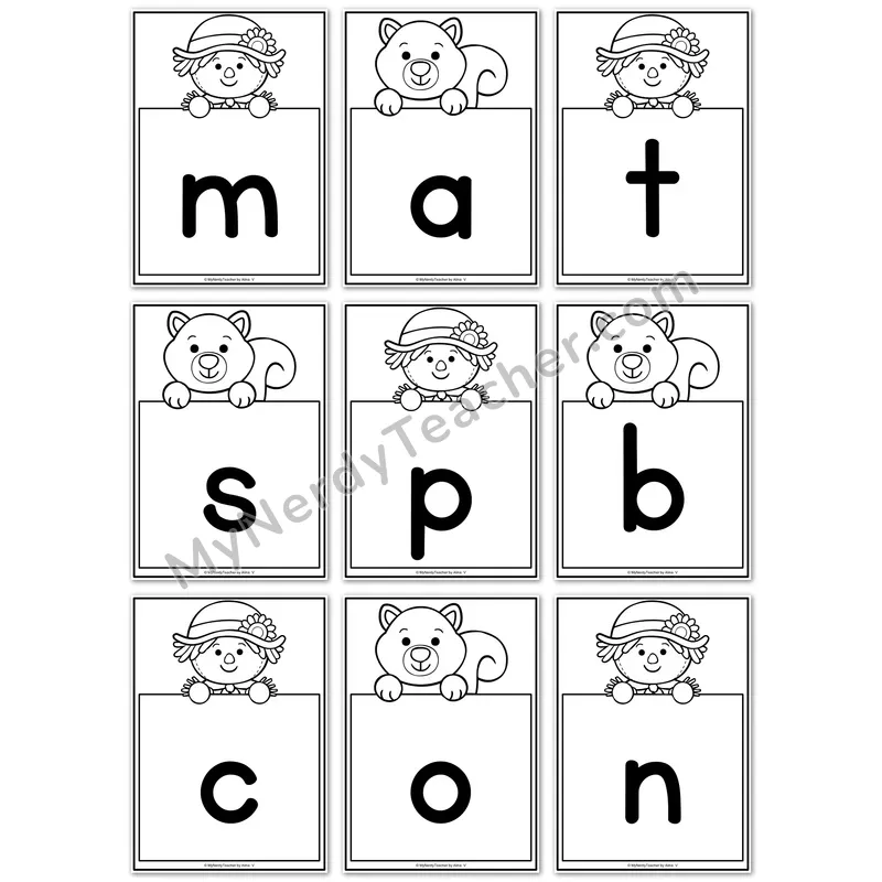 Visual Drill Cards — Fall Set 1 Black and White Phonics Sound Cards