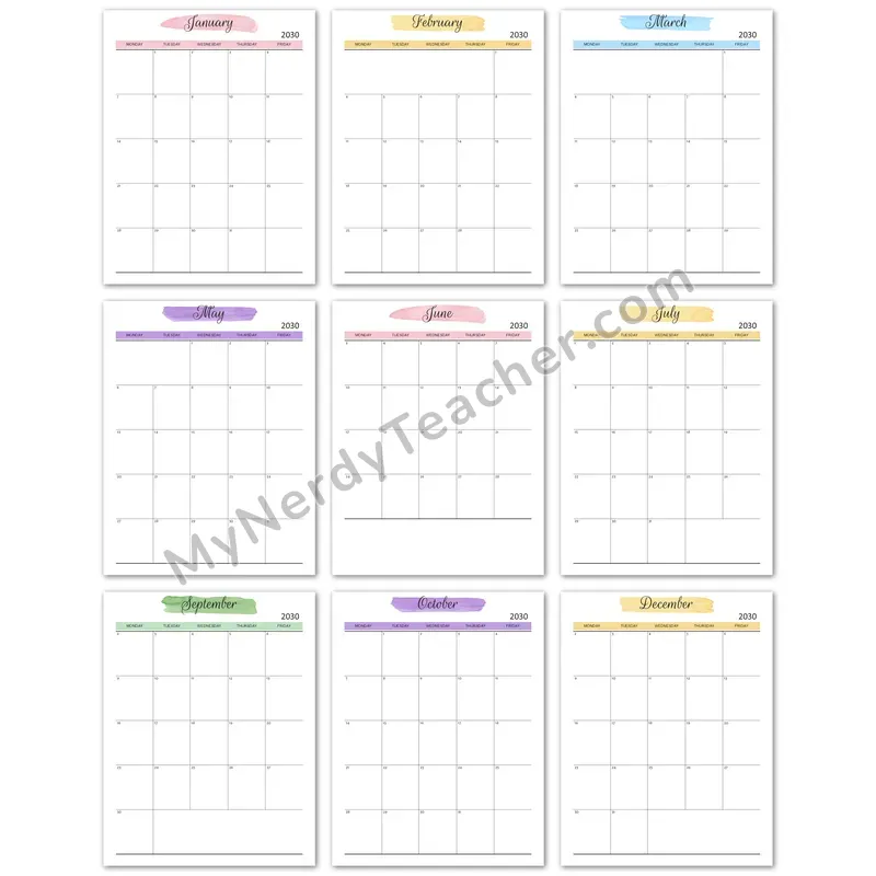 Editable 2030 Monthly Calendar — Watercolor 5-day Layout