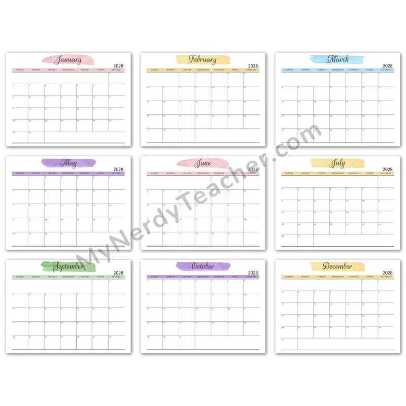 Editable 2028 Monthly Calendar — Watercolor 7-day Layout