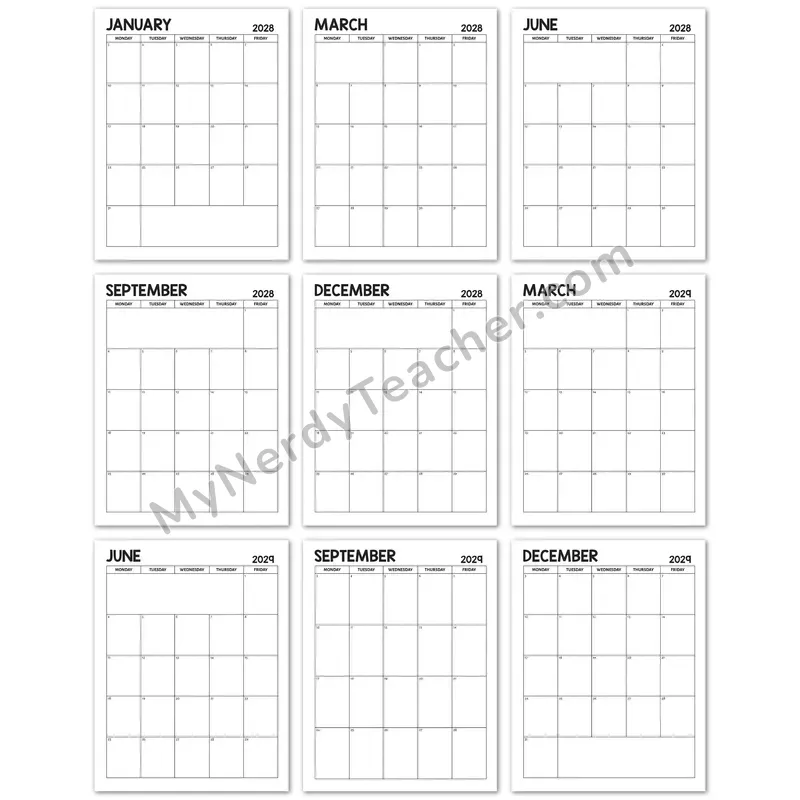 Editable 2028-2029 Monthly Calendar — Rainbow Series Black and White 5-day Layout
