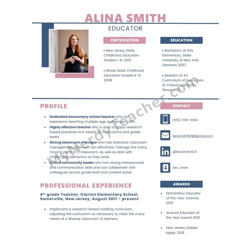 Editable Teacher Resume Template — 3-Page Layout
