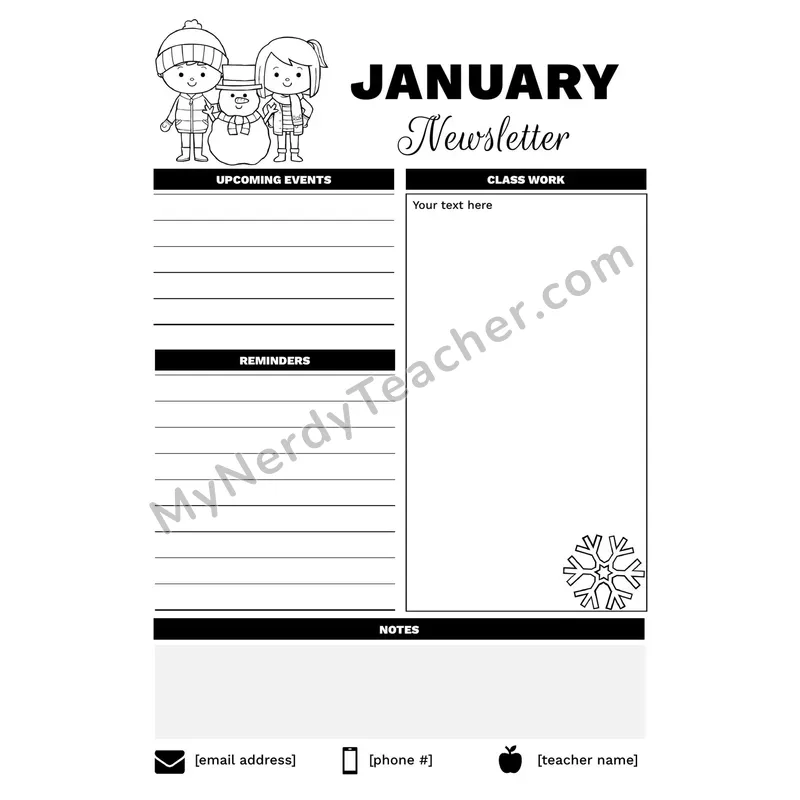 Monthly Classroom Newsletter Template — Editable Black and White Design 2
