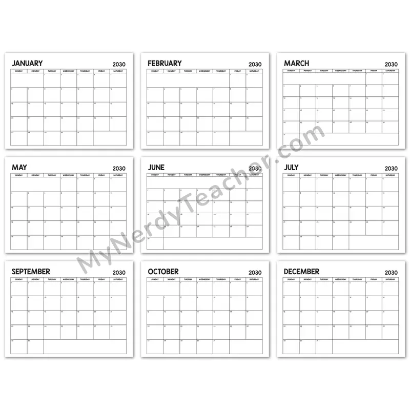 Editable 2030 Monthly Calendar — Classic Black and White 7-day Layout