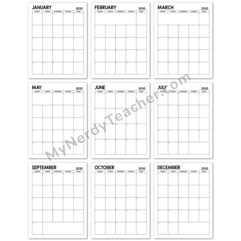 Editable 2030 Monthly Calendar — Classic Black and White 5-day Layout