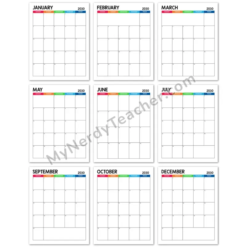 Editable 2030 Monthly Calendar — Colorful 5-day Layout