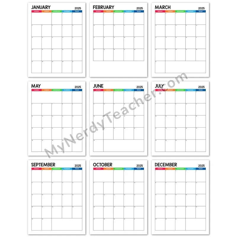 Editable 2025 Monthly Calendar — Colorful 5-day Layout