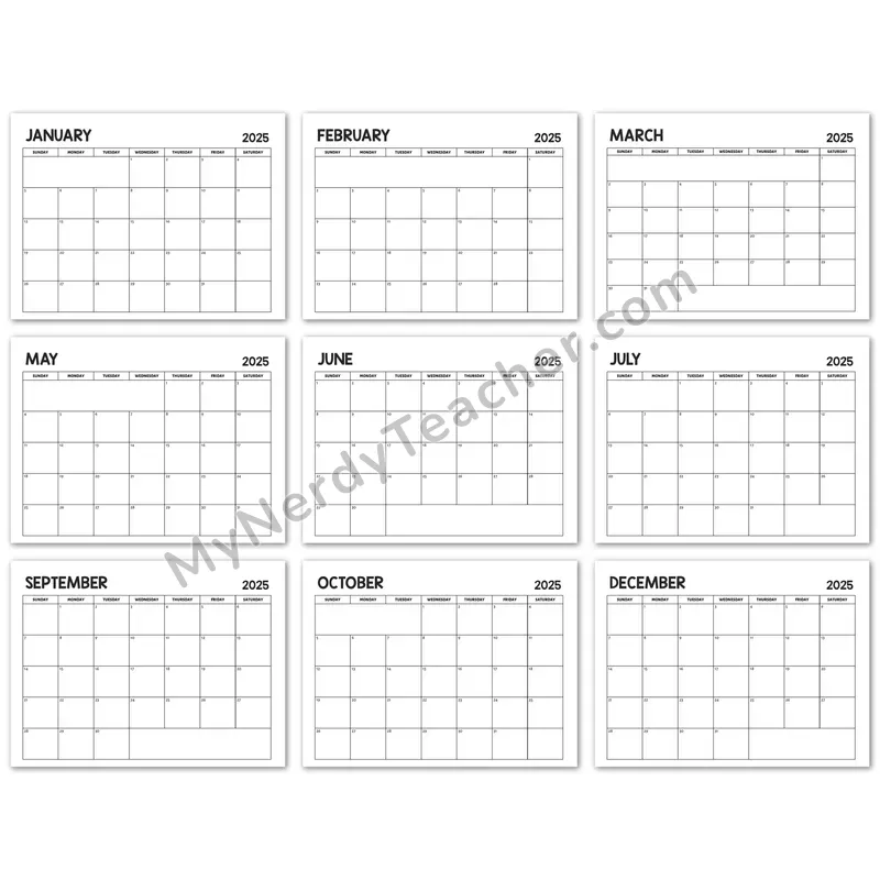 Editable 2025 Monthly Calendar — Classic Black and White 7-day Layout