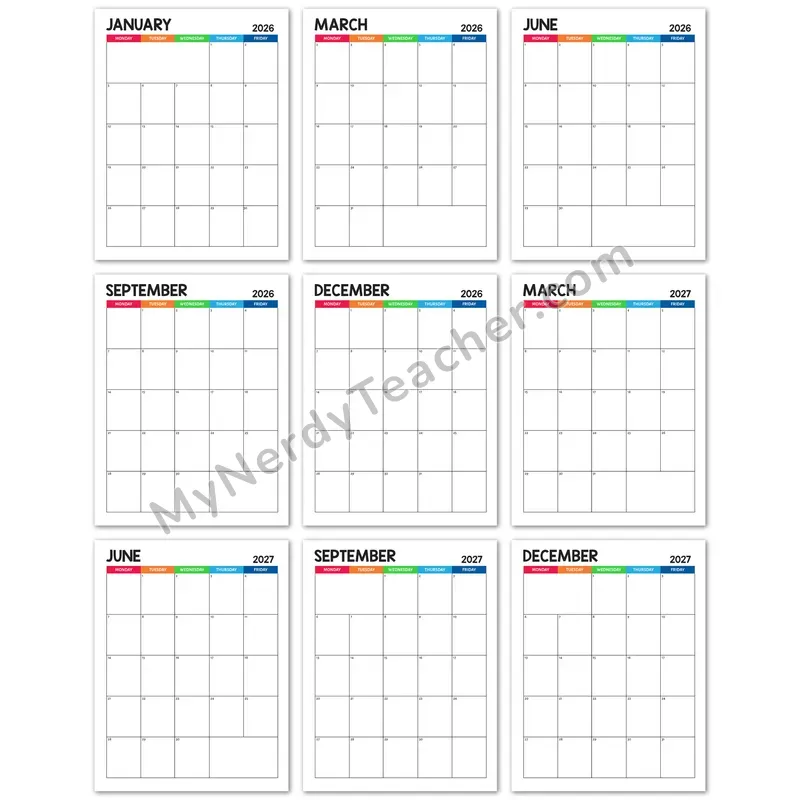 Editable 2026-2027 Monthly Calendar — Colorful 5-day Layout