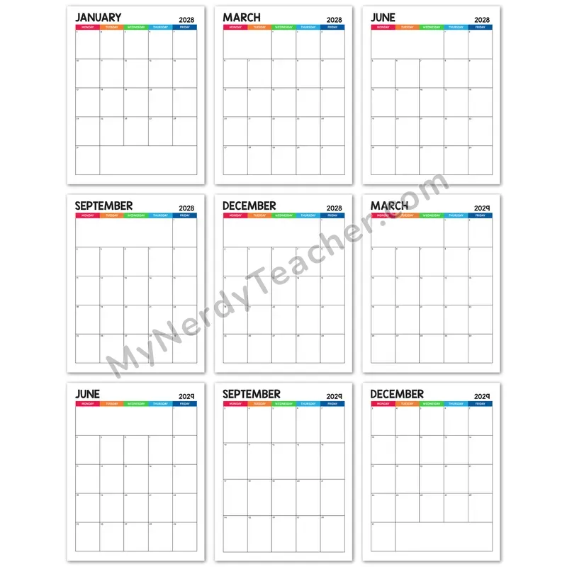 Editable 2028-2029 Monthly Calendar — Colorful 5-day Layout